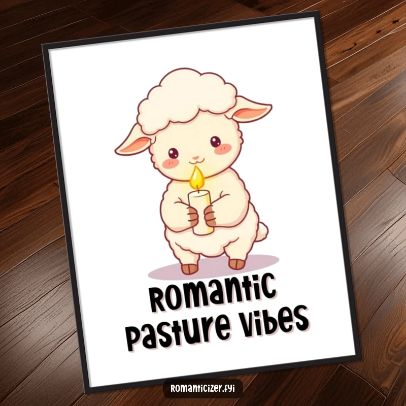 Funny sheep poster holding a lit candle, casting a soft romantic glow, perfect for creating a cozy and whimsical ambiance.