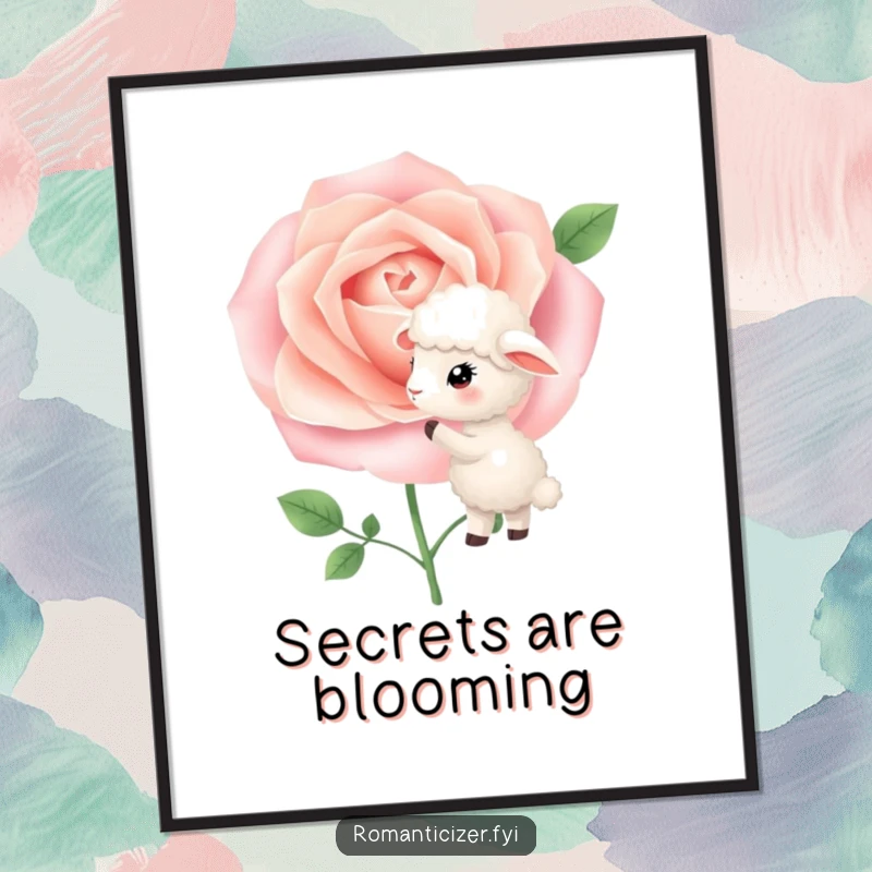Funny Poster art of a tiny sheep whispering secrets into a vibrant, blooming rose, creating a scene of delicate beauty and wonder.