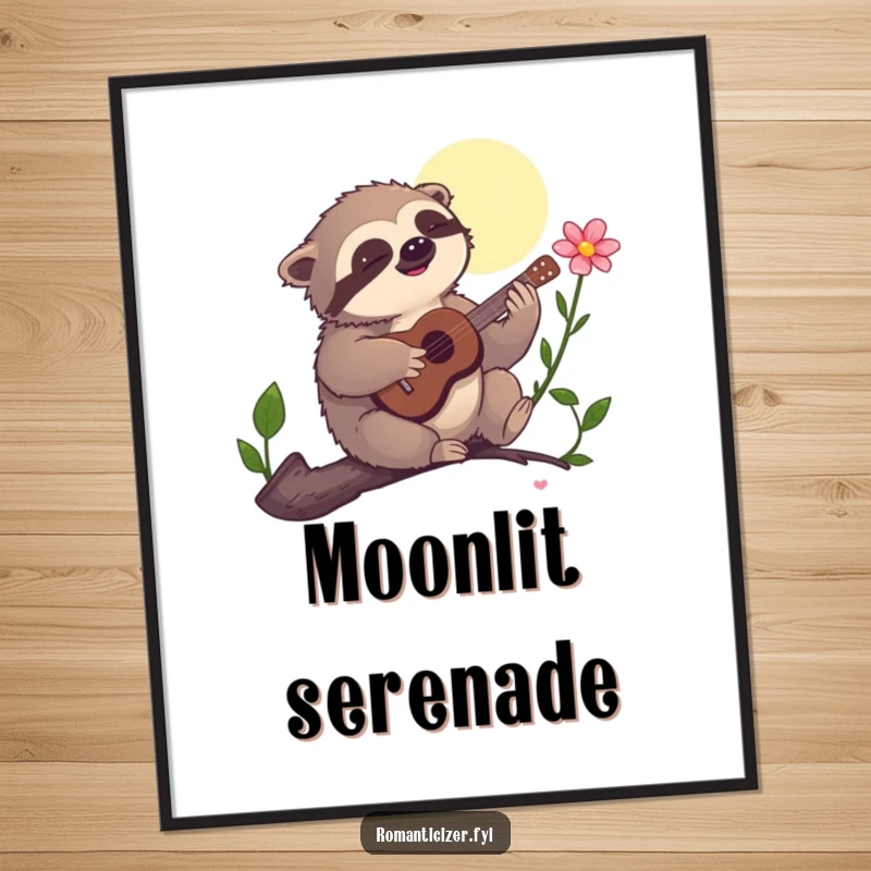 Funny poster, a sloth serenading a flower with a small guitar under the moon, creating a humorous, tranquil nocturnal scene.