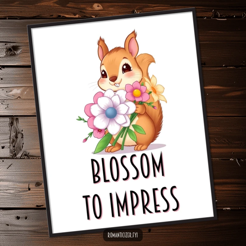 Funny poster of a cute squirrel holding an oversized bouquet of flowers, evoking joy and whimsy, a great funny gift for home decor.