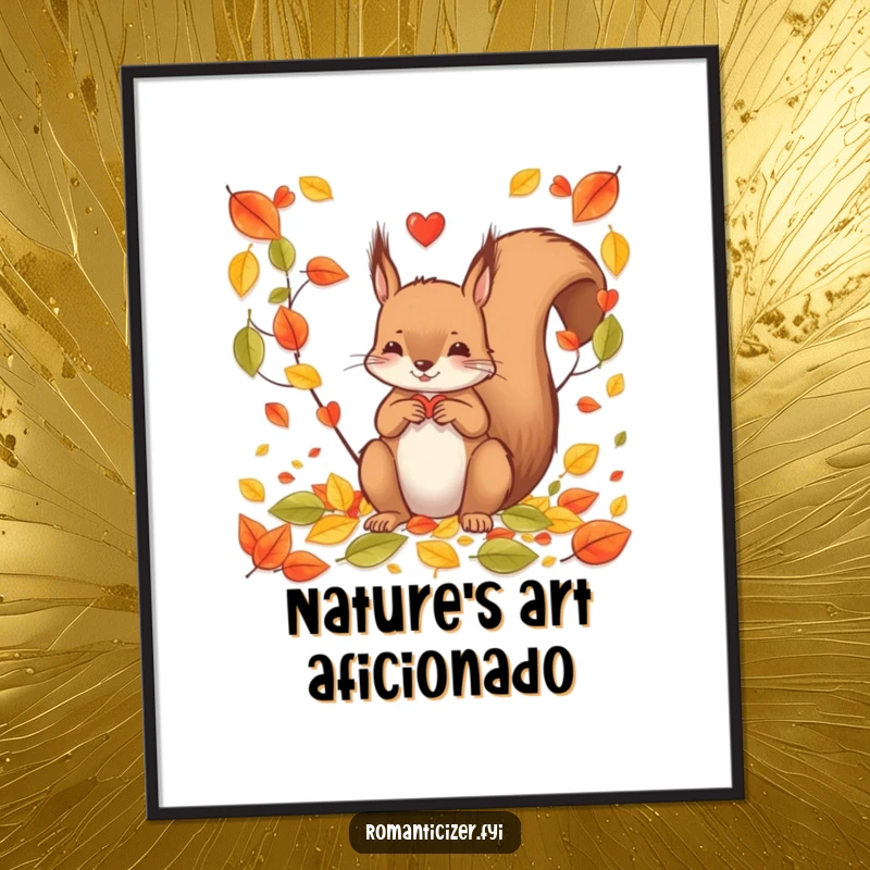 Funny squirrel poster meticulously arranging fallen leaves into a decorative heart shape, adding a touch of whimsical autumn charm to any wall.