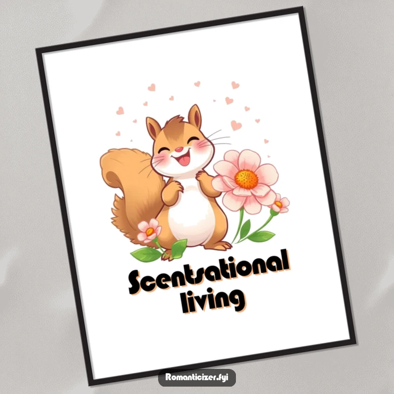 Funny Squirrel Poster depicting a joyful squirrel showering a flower with sweet-smelling perfume, celebrating nature.
