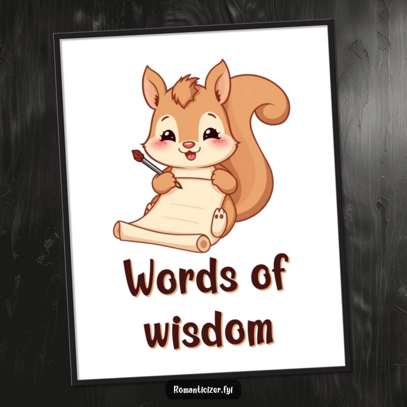 Funny poster, a squirrel engrossed in writing poetry with a quill on a scroll, showcasing artistic and humorous dedication.