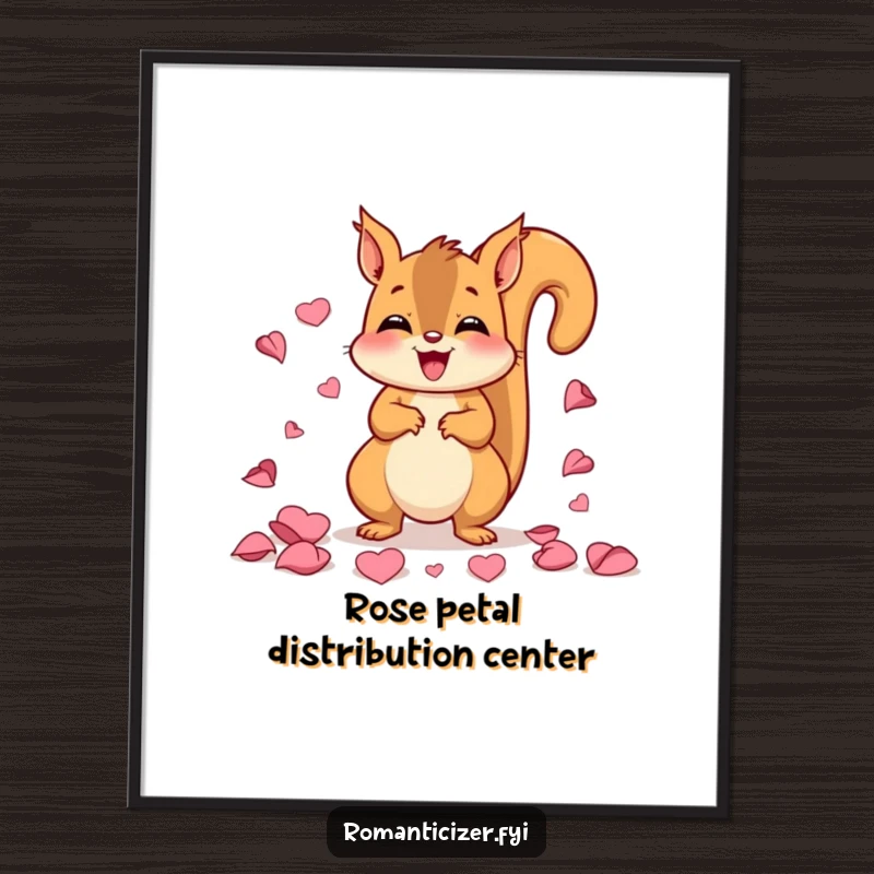 Funny poster print of a happy squirrel joyfully scattering rose petals, creating a delightful and humorous wall art piece.