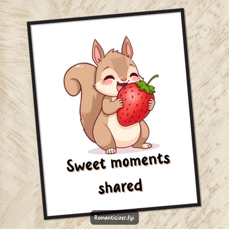Funny squirrel poster capturing a delighted squirrel sharing a giant strawberry, a humorous artwork celebrating generosity.