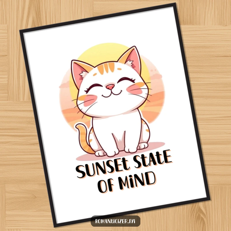 Funny poster of a cheerful cat with a whimsical smile admiring a beautiful, colorful sunset.