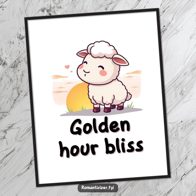 Funny sheep poster showing a content sheep watching a spectacular sunset with a peaceful sigh, a funny and serene piece of art.