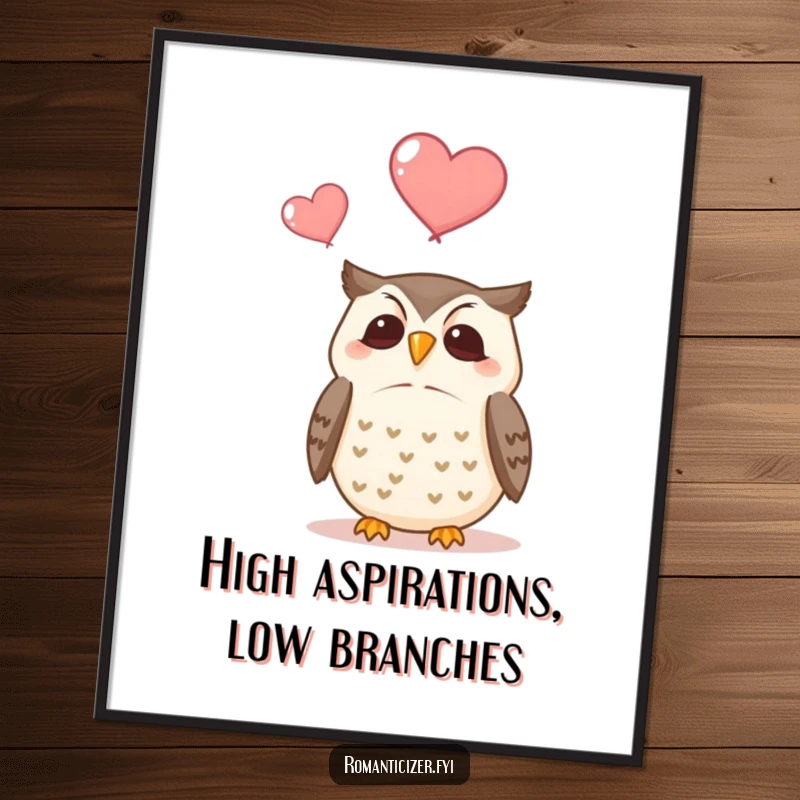 Funny poster showing a content owl on a branch, gazing upwards at two delicate hearts floating serenely into the sky.