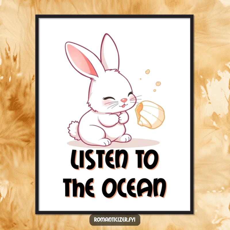 Funny Rabbit Poster depicting a curious rabbit listening with delight to a seashell, capturing wonder and enchantment.