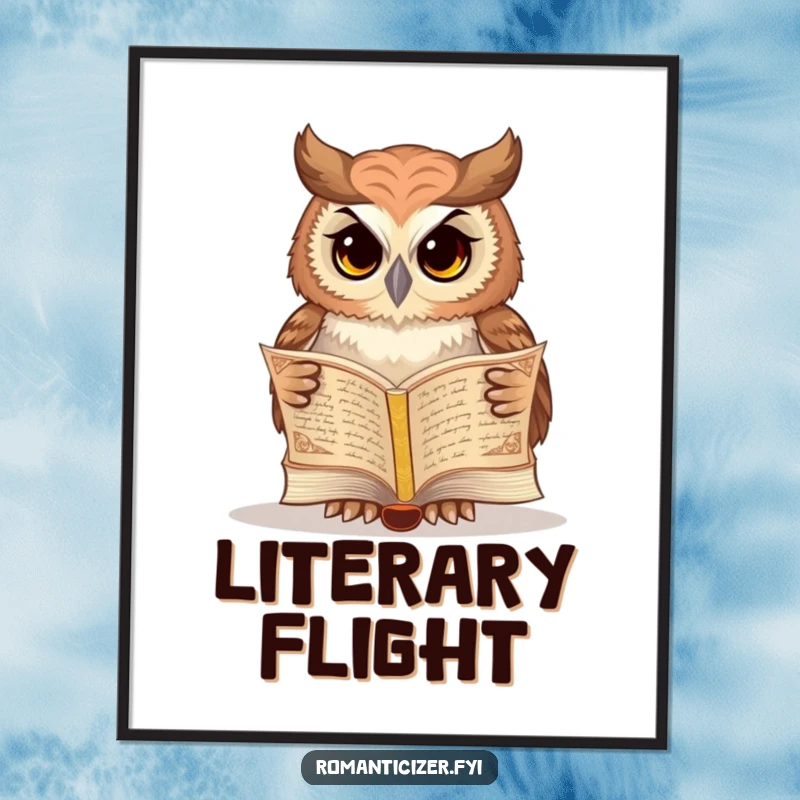 Funny owl poster showing a wise owl reading an ornate book of poetry, a funny and erudite piece of art.