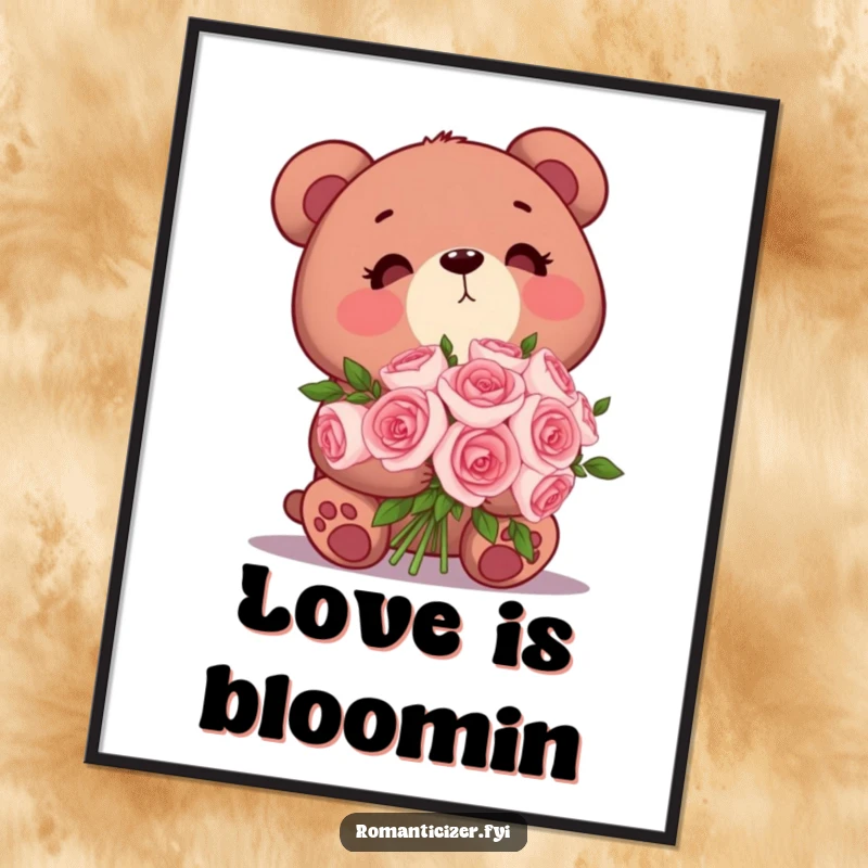 Funny Bear Poster: A cute bear clutches a bouquet of roses, looking dreamily upwards, creating a heartwarming romantic scene.