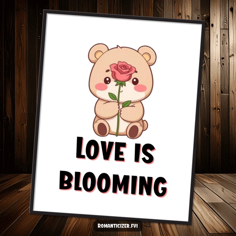 Funny poster displaying a small, hopeful bear dreamily presenting a single beautiful red rose.