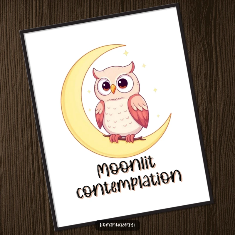 Funny poster of a romantic owl perched on a crescent moon against a starry backdrop, capturing whimsical celestial love.