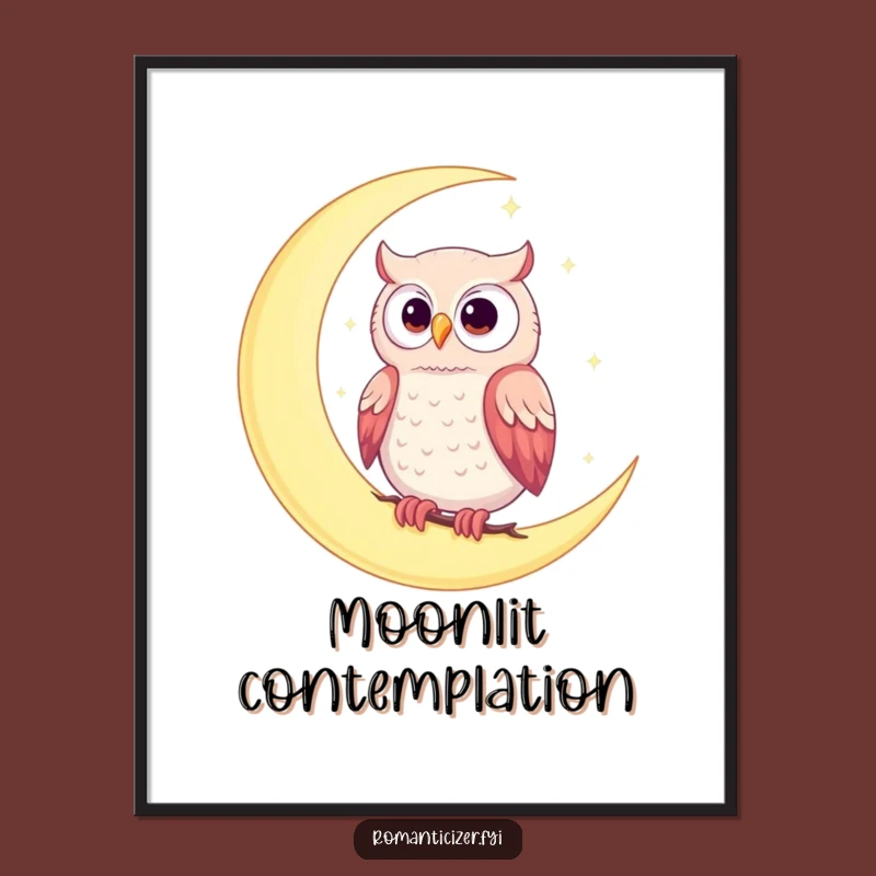 Funny Romantic Owl Moon Poster - Whimsical Celestial Wall Art Gift