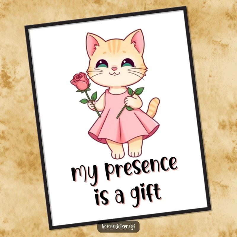 Funny poster showcasing a cat in a flowing dress tenderly offering a single rose, embodying gentle romance.
