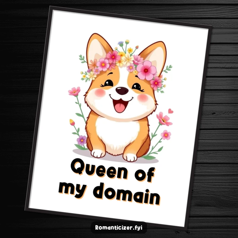 Funny Poster art of a joyful corgi with a sweet smile, adorned with a lush crown of wildflowers, radiating warmth and happiness.