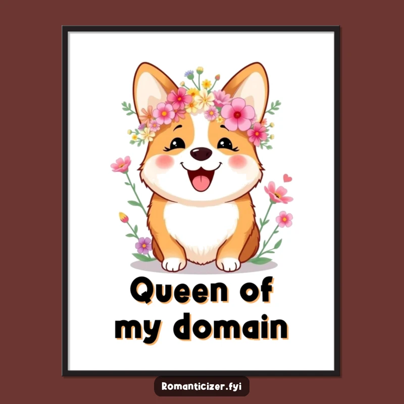 Funny Corgi Wildflower Poster: Joyful Dog Crown Art, Whimsical Wall Decor
