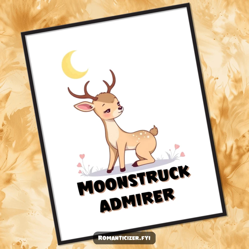 Romantic deer poster featuring a graceful deer gazing at a crescent moon in a starry night sky. Evokes romance, nature, and tranquility.