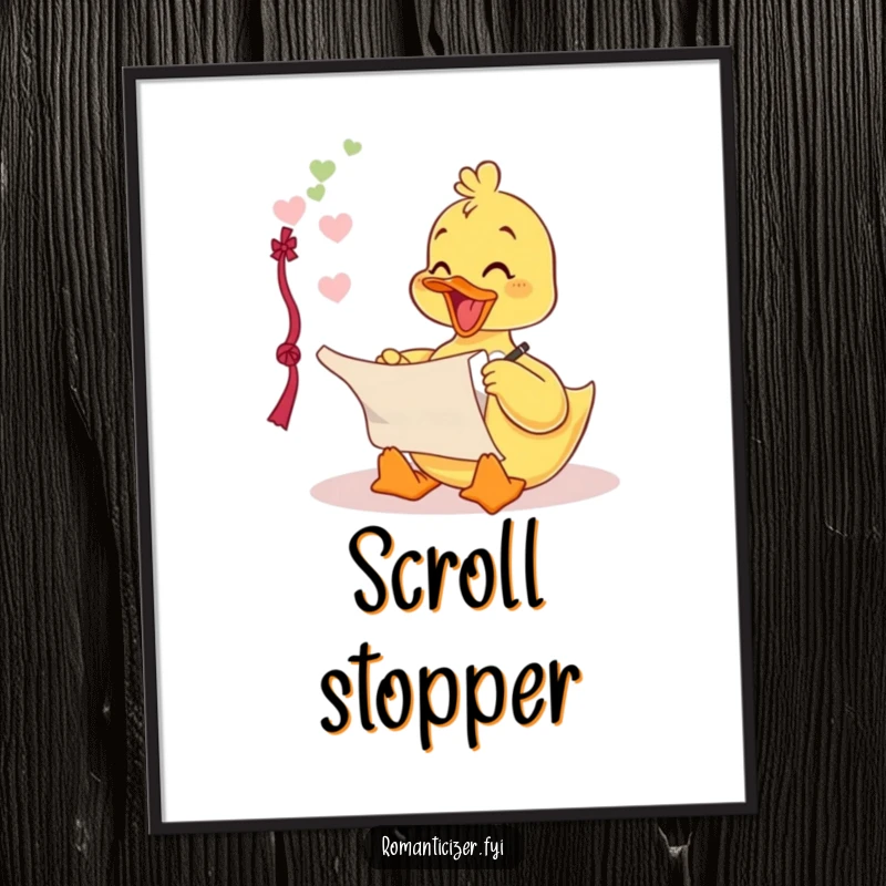 Funny poster of a delighted duckling writing a love poem on a scroll, embodying romantic humor and artistic expression.