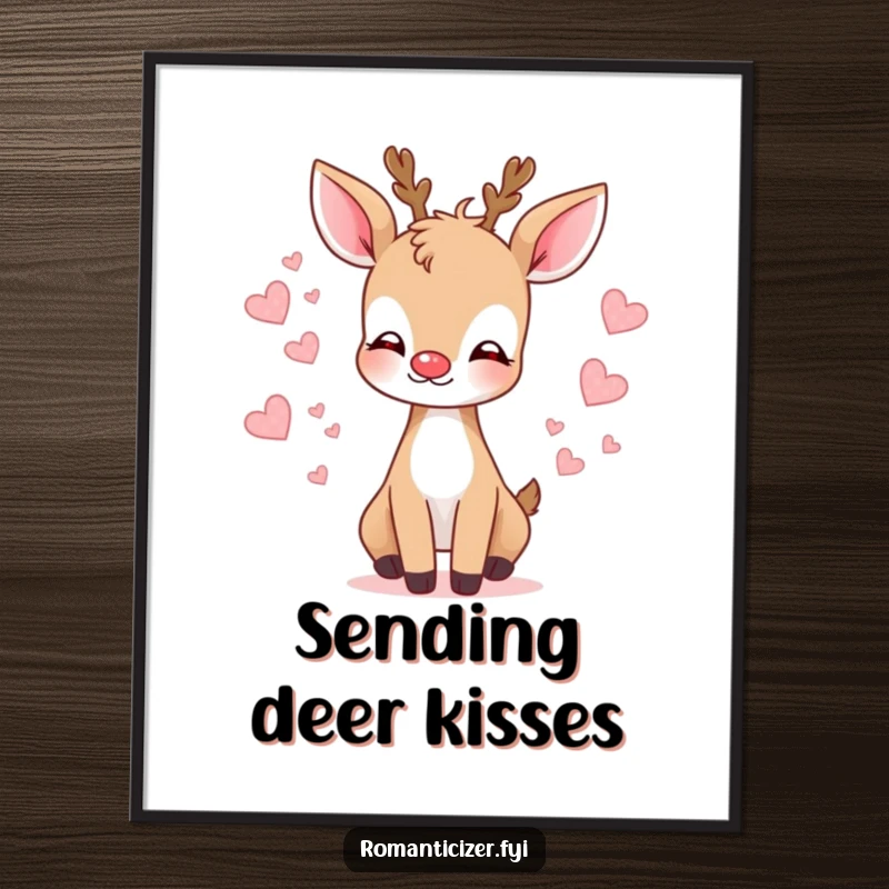 Funny deer kiss poster showing a gentle deer blowing a kiss with hearts, perfect for romantic wall decor.