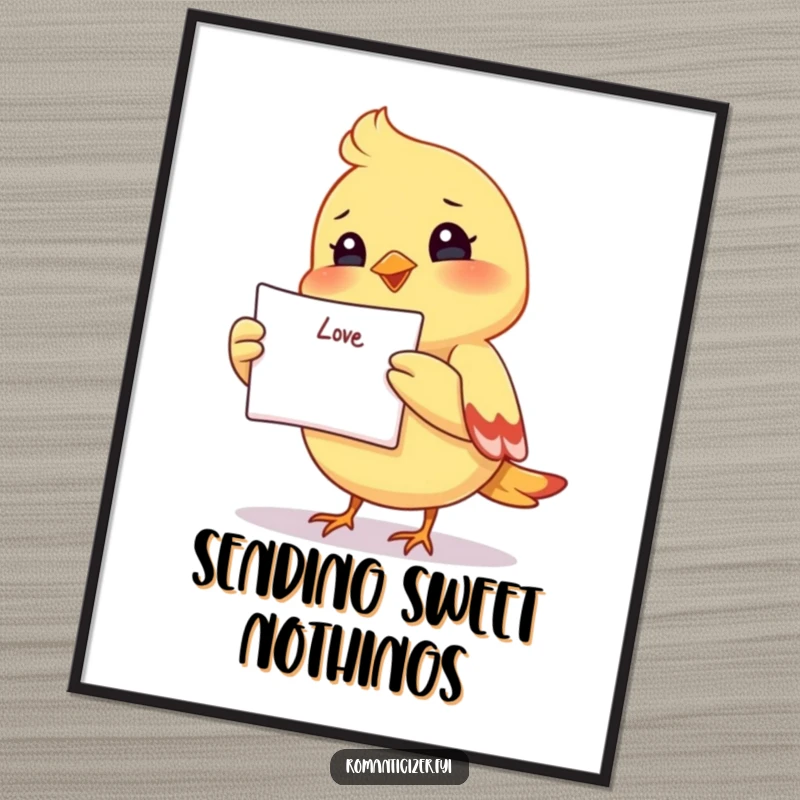 Funny poster featuring a smiling small bird holding a love letter high, creating a cheerful and romantic atmosphere.