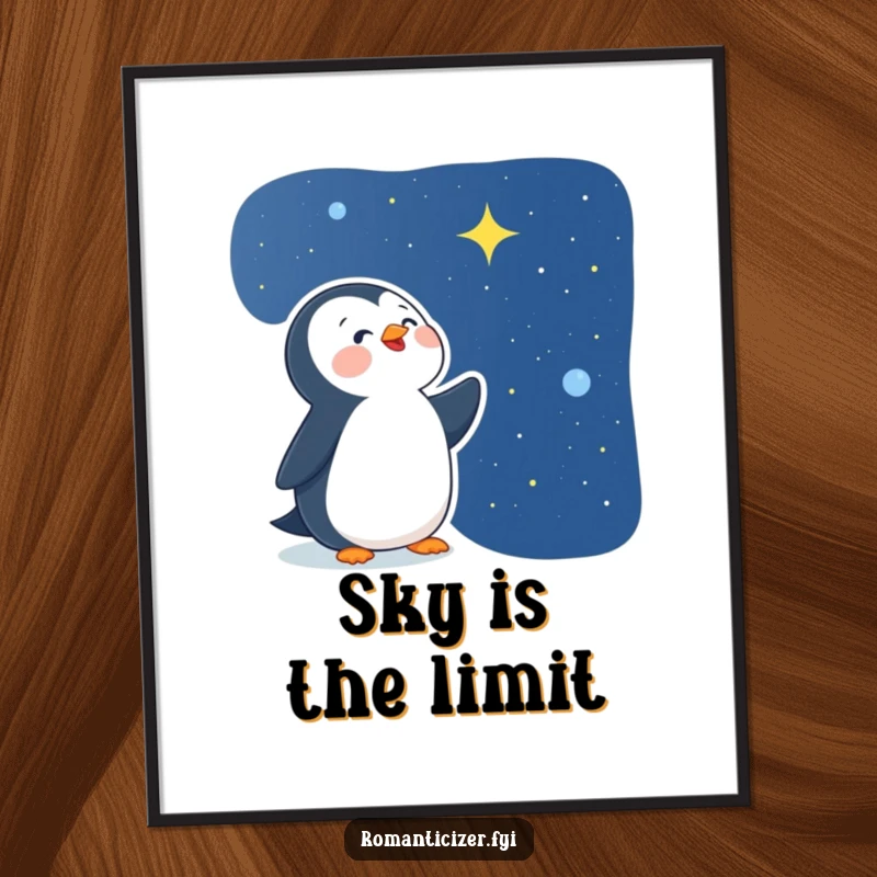 Funny delighted penguin poster art of a happy bird looking at a starry night sky, conveying enchantment and peaceful contemplation.