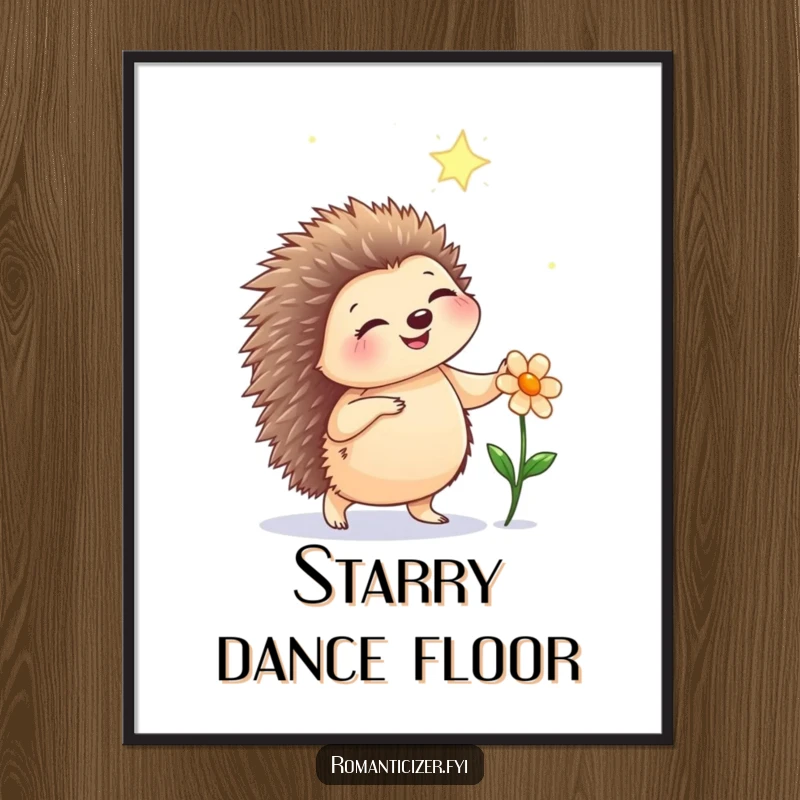 Funny hedgehog poster depicting a happy hedgehog dancing under a starry sky with a flower, a whimsical piece of art.