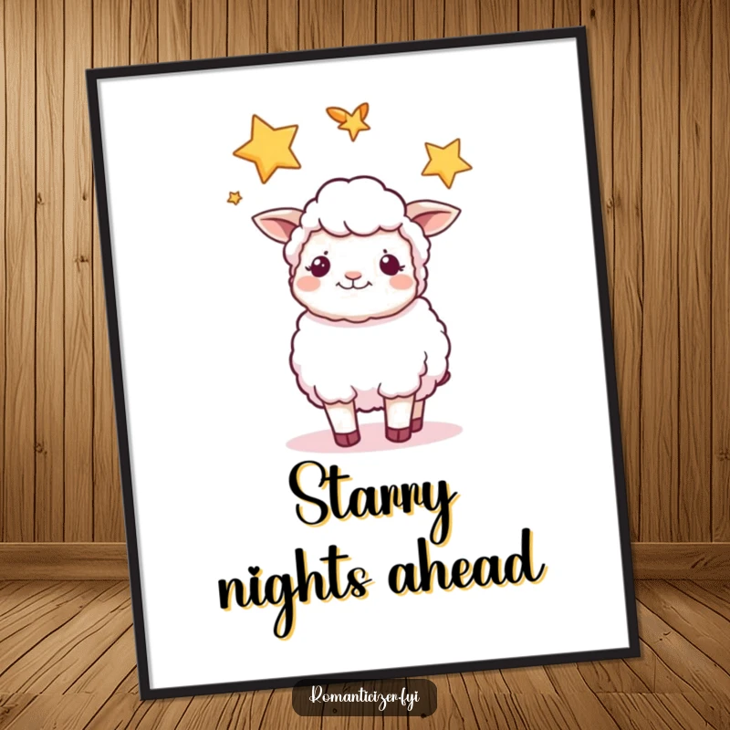Funny sheep poster depicting a content sheep gazing at two intertwined stars, a peaceful piece of night sky art.