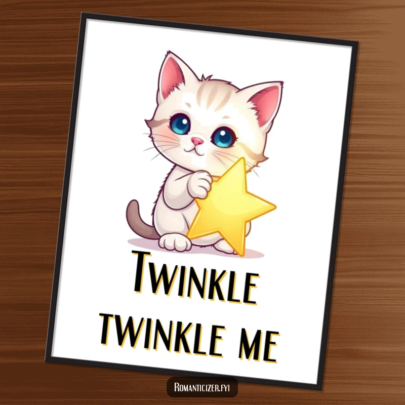 Funny kitten star poster showing a kitten dramatically posing with a single, glowing star. Whimsical and humorous wall art.