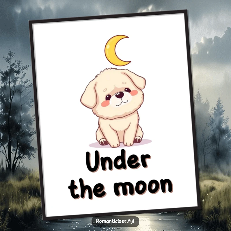 Funny dog moon poster showing a fluffy dog gazing adoringly at a crescent moon. Whimsical and humorous wall art.