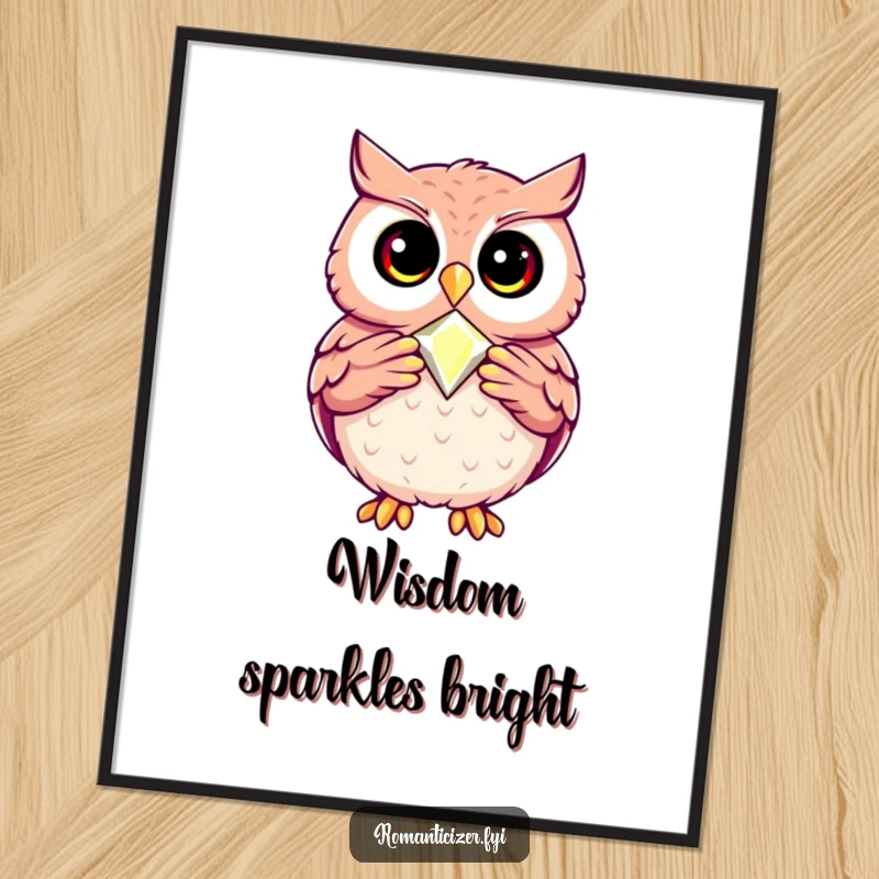 Funny poster of a happy owl proudly presenting a single, stunning jewel, conveying pride and sophisticated humor.