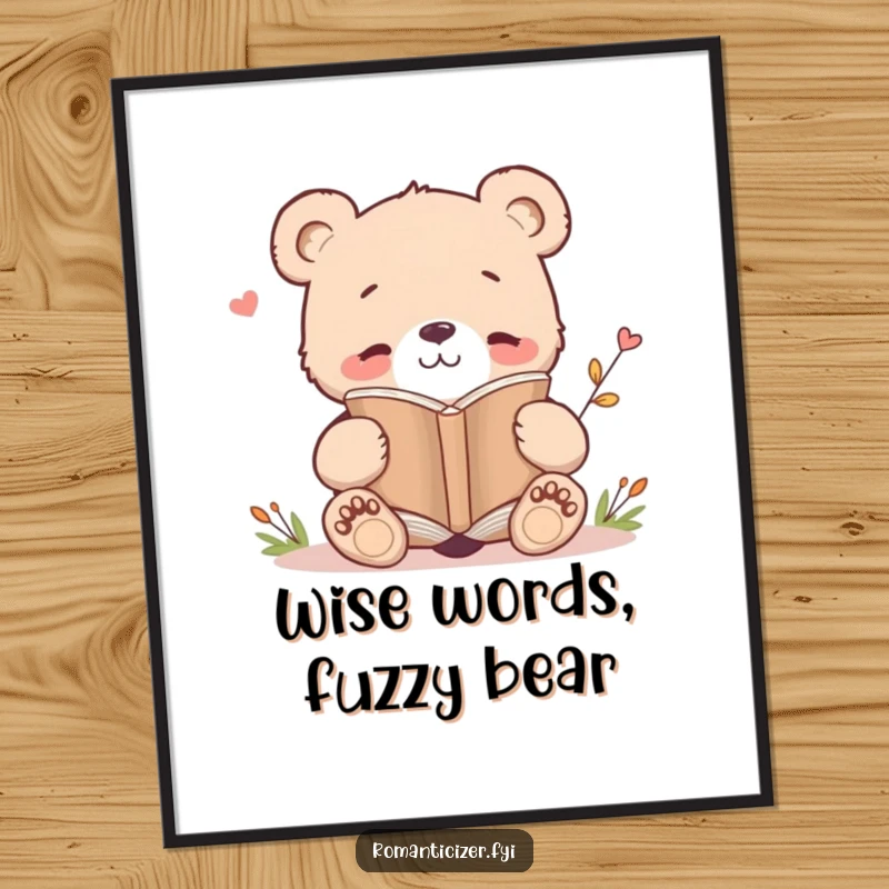 Funny poster print showcasing a contented bear cub reading a poetry book, bringing whimsical literary charm to any room.