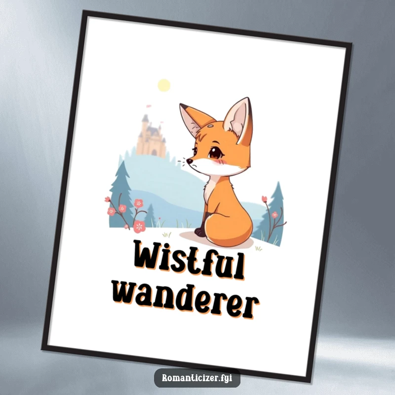 Funny poster displaying a charming fox gazing wistfully at a far-off, luminous castle.