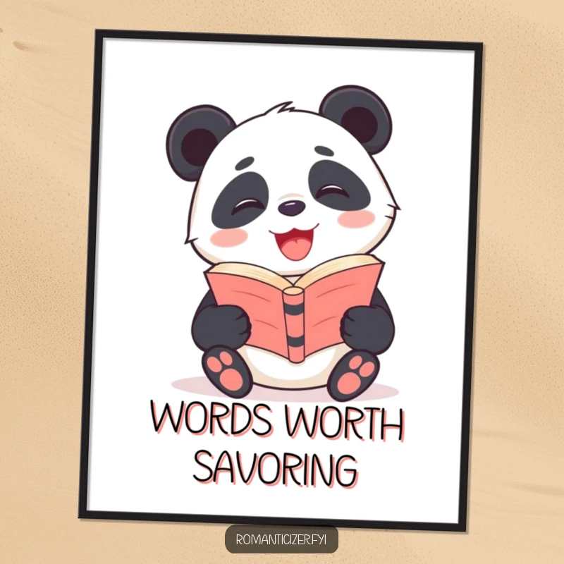 Funny Panda Poster depicting a giggling panda with a radiant smile, lost in the pages of a poetry book.