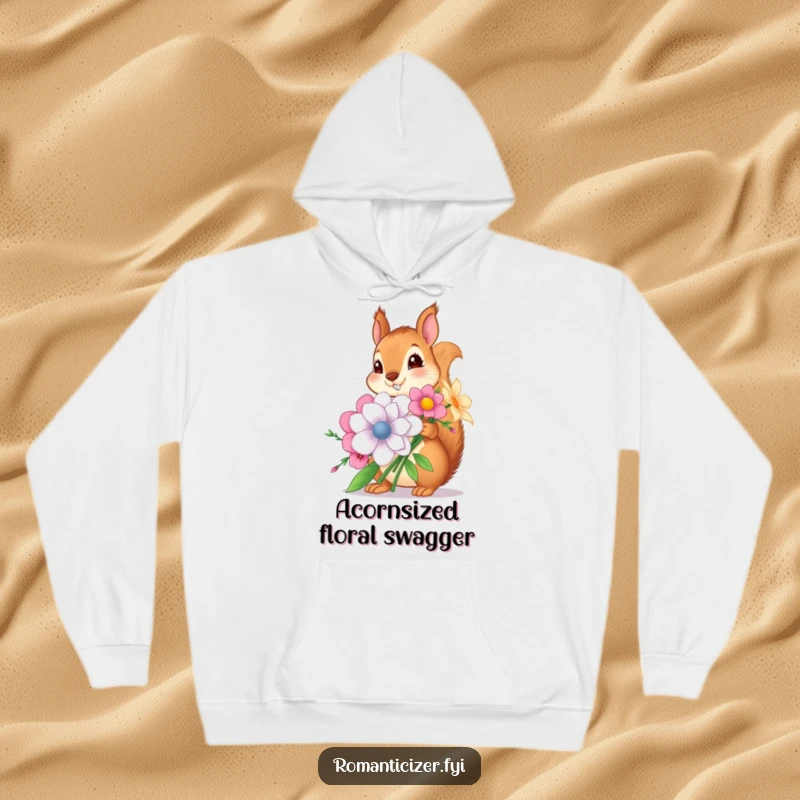 Funny hoodie showcasing a happy squirrel offering a large bunch of flowers, perfect for staying warm and stylish, excellent funny gift.