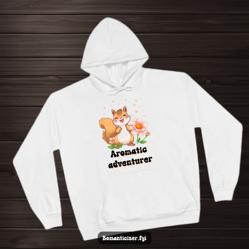 Funny Squirrel Hoodie showcasing a joyful squirrel showering a flower with perfume, a cozy ode to nature.