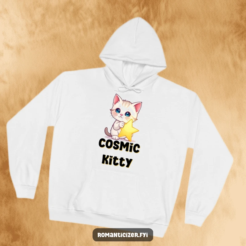 Funny kitten star hoodie showing a kitten dramatically posing with a single, glowing star. Cozy, warm, and humorous clothing.