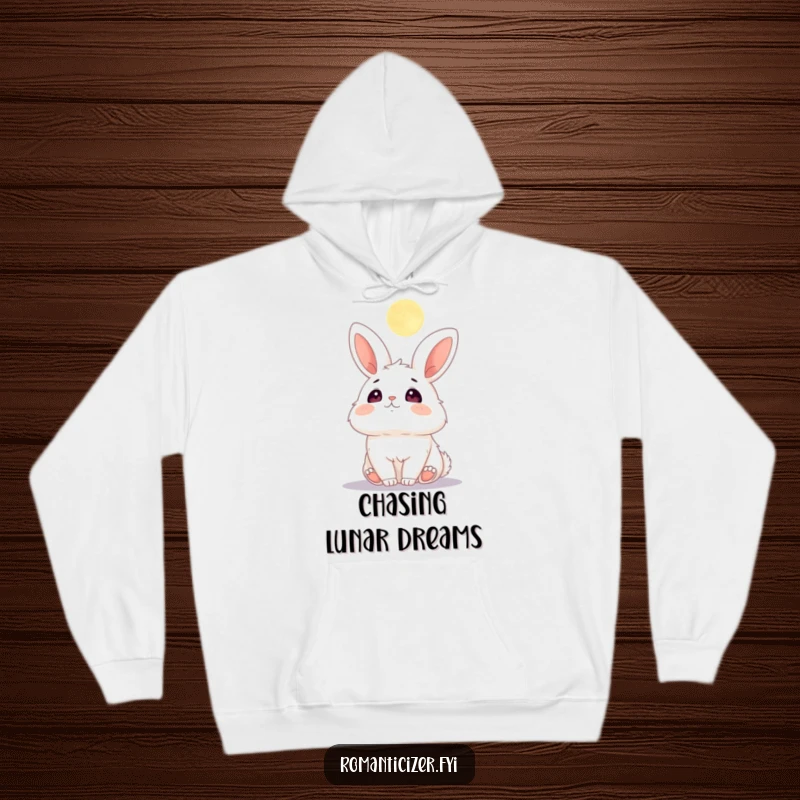 Funny hoodie with a fluffy bunny looking up at the moon with wide, adoring eyes and blushing cheeks.