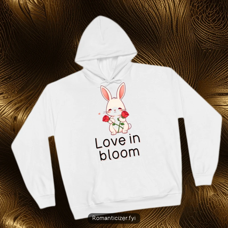 Funny hoodie featuring a cute bunny holding a red rose with a dreamy look, offering cozy and humorous warmth.