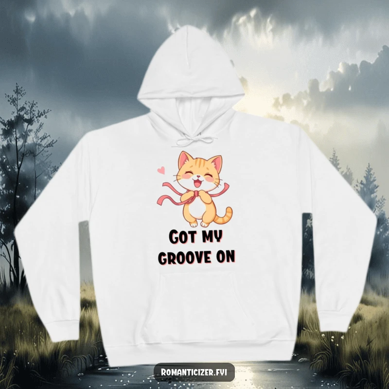 Funny cat hoodie depicting a playful cat spinning with a flowing ribbon, a happy sigh of contentment. Soft, cozy, and charming attire.
