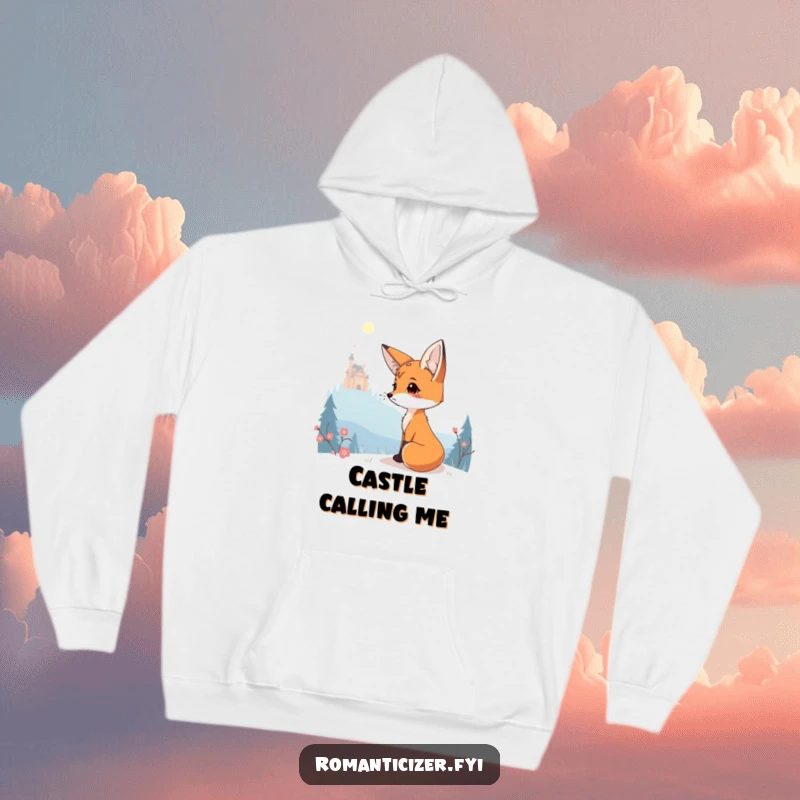 Funny hoodie featuring a charming fox gazing wistfully at a distant, glowing fairytale castle.