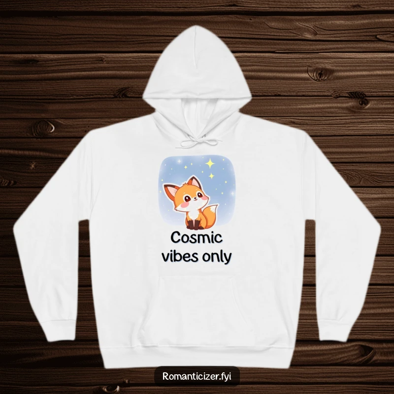 Funny fox hoodie featuring a delightful fox with stars in its eyes, gazing at a starry night sky. Cozy and whimsical celestial wear.