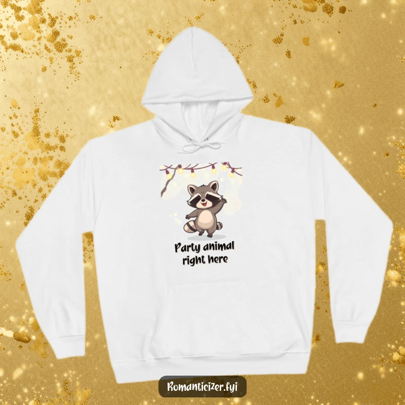 Funny Hoodie depicting a happy raccoon in a dynamic dance pose beneath glowing fairy lights, offering warmth and humorous charm.