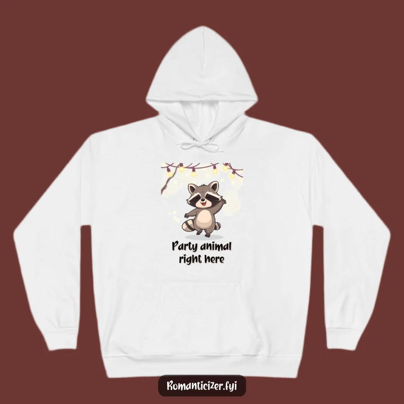 Cozy Funny Raccoon Hoodie: Dance Under Fairy Lights, Warm & Humorous Gift Apparel