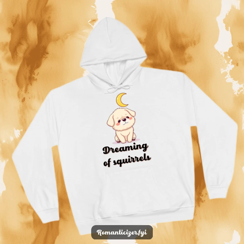 Funny dog moon hoodie showing a fluffy dog gazing adoringly at a crescent moon. Warm, cozy, and humorous clothing.
