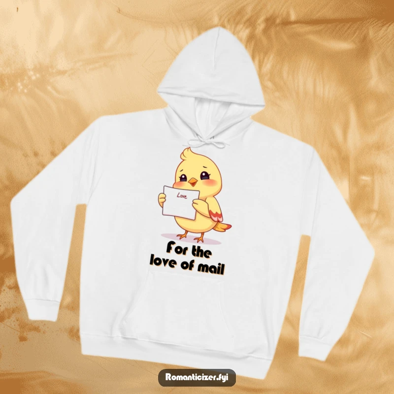 Funny hoodie depicting a delighted small bird holding a love letter aloft, exuding warmth and a funny romantic vibe.