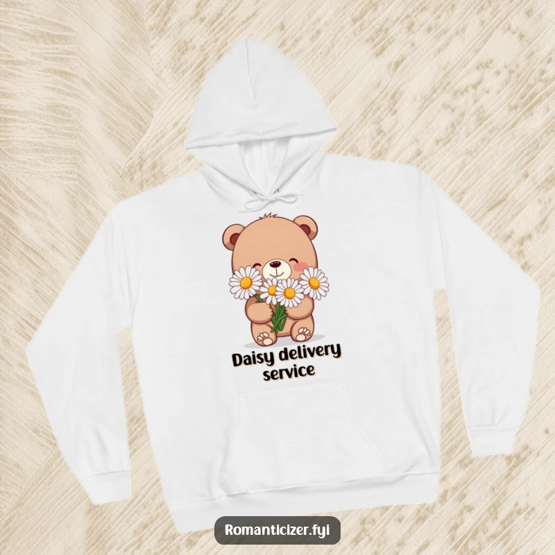 Funny hoodie with a shyly grinning bear holding a large bouquet of daisies, offering a sweet and cozy vibe.