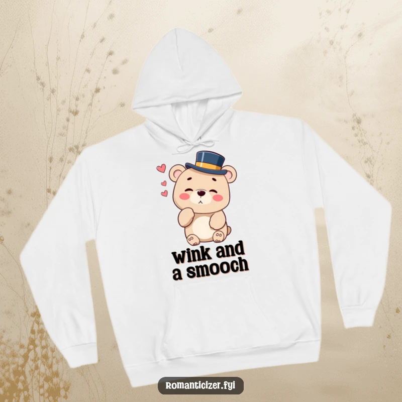 Funny hoodie featuring a charming bear in a top hat blowing a kiss with a mischievous wink, exuding confidence.