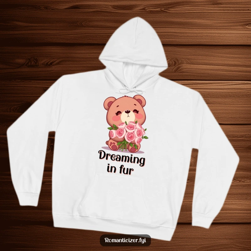Funny Bear Hoodie: A cute bear holds a bouquet of delicate roses, gazing towards the sky with a dreamy, loving expression.