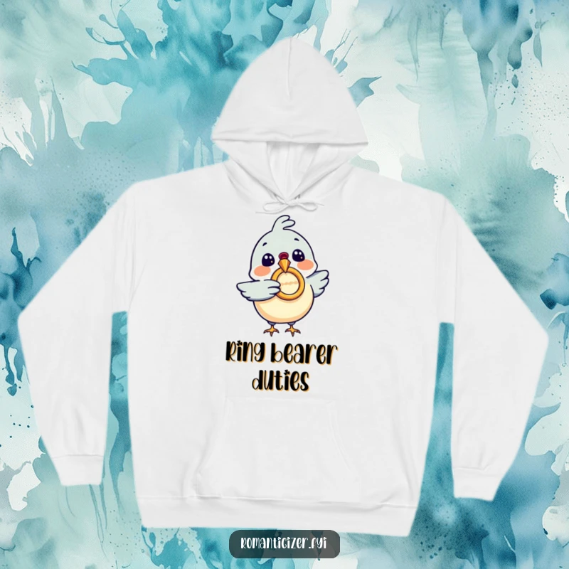 Funny hoodie depicting an excited bird with a sparkling ring in its beak, ideal for comfortable and humorous wear, a funny gift.